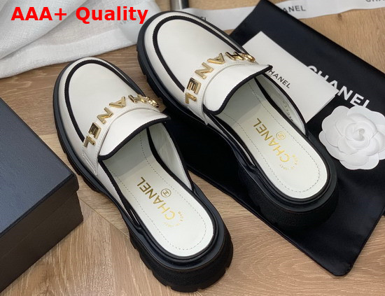 Chanel Letter Mules in White Patent Leather Replica