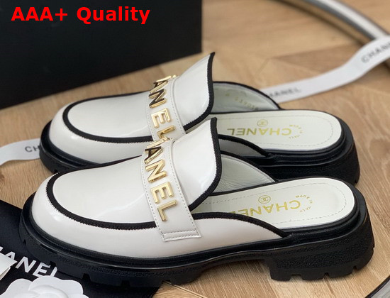 Chanel Letter Mules in White Patent Leather Replica