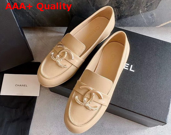 Chanel Loafers in Beige Calfskin with Gold CC Replica