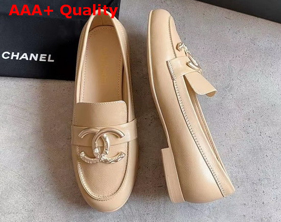 Chanel Loafers in Beige Calfskin with Gold CC Replica