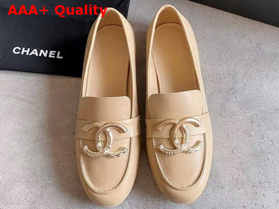 Chanel Loafers in Beige Calfskin with Gold CC Replica