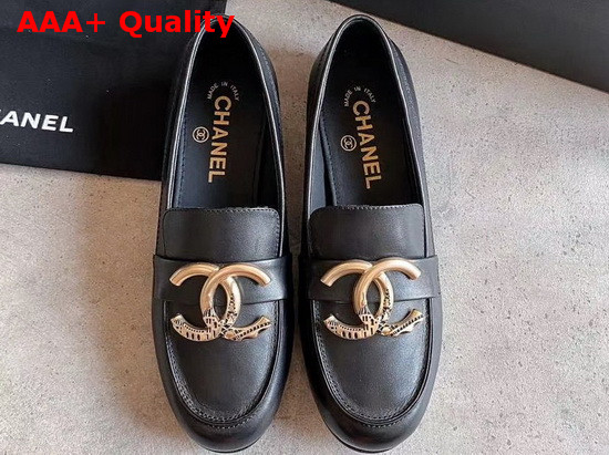 Chanel Loafers in Black Calfskin with Gold CC Replica