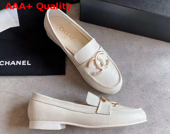 Chanel Loafers in Ivory Calfskin with Gold CC Replica