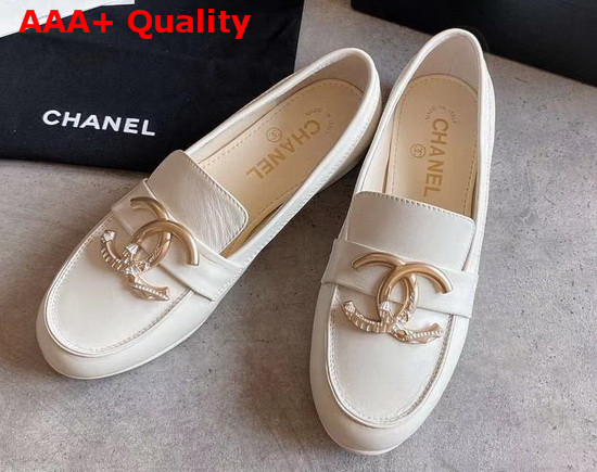 Chanel Loafers in Ivory Calfskin with Gold CC Replica