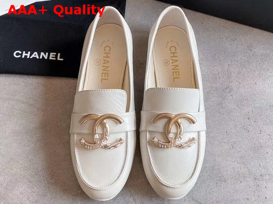 Chanel Loafers in Ivory Calfskin with Gold CC Replica