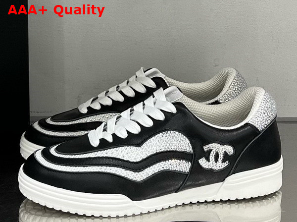 Chanel Low Top Sneakers Calfskin Fabric and Strass Black and Silver Replica