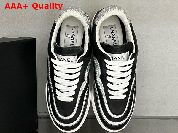 Chanel Low Top Sneakers Calfskin Fabric and Strass Black and Silver Replica