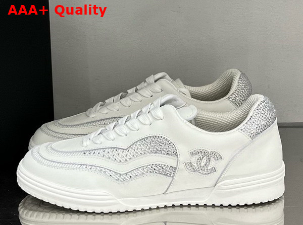 Chanel Low Top Sneakers Calfskin Fabric and Strass White and Silver Replica