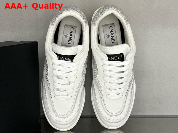 Chanel Low Top Sneakers Calfskin Fabric and Strass White and Silver Replica