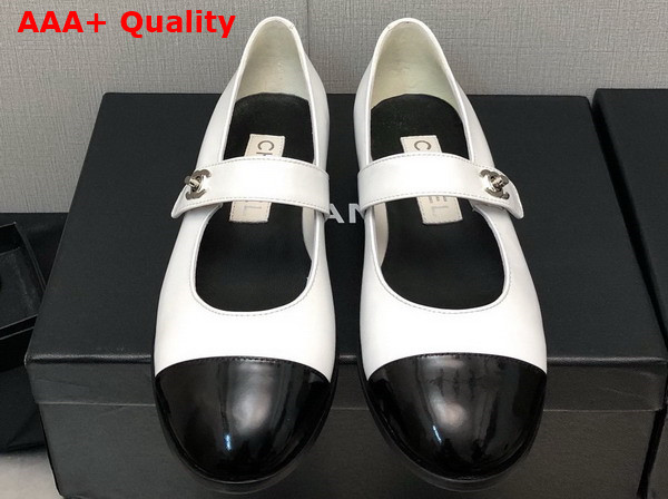 Chanel Mary Janes Calfskin and Patent Calfskin White and Black Ref G45280 Replica