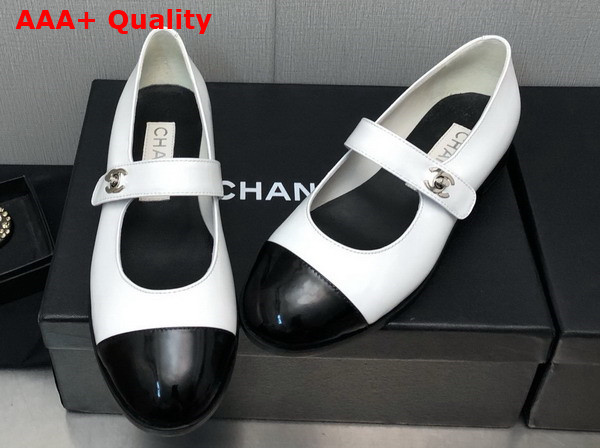 Chanel Mary Janes Calfskin and Patent Calfskin White and Black Ref G45280 Replica