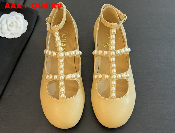 Chanel Mary Janes Goatskin Imitation Pearls Beige G45752 Replica