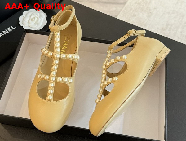 Chanel Mary Janes Goatskin Imitation Pearls Beige G45752 Replica