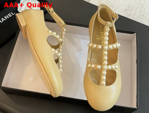 Chanel Mary Janes Goatskin Imitation Pearls Beige G45752 Replica