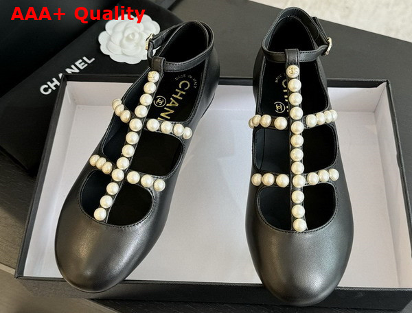 Chanel Mary Janes Goatskin Imitation Pearls Black G45752 Replica