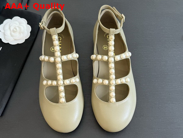 Chanel Mary Janes Goatskin Imitation Pearls Light Khaki G45752 Replica