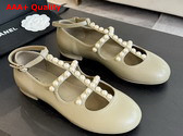 Chanel Mary Janes Goatskin Imitation Pearls Light Khaki G45752 Replica