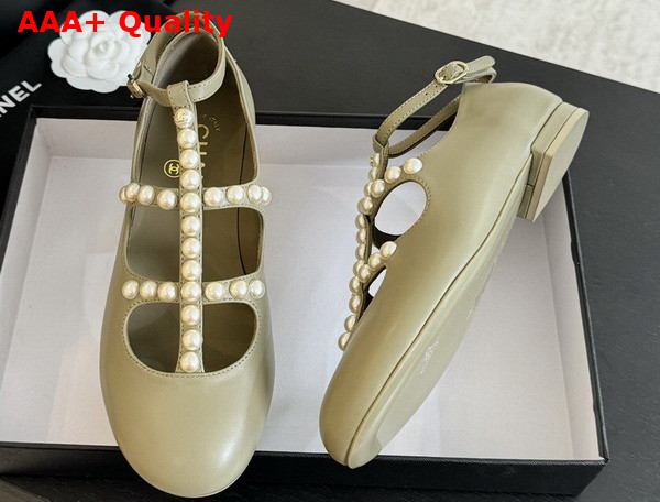 Chanel Mary Janes Goatskin Imitation Pearls Light Khaki G45752 Replica