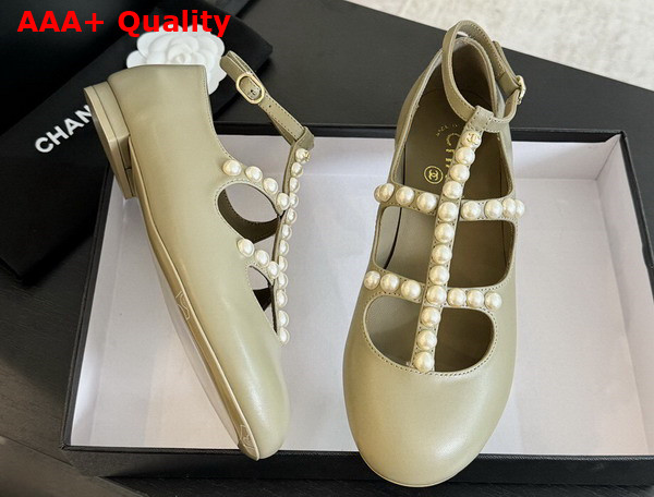 Chanel Mary Janes Goatskin Imitation Pearls Light Khaki G45752 Replica