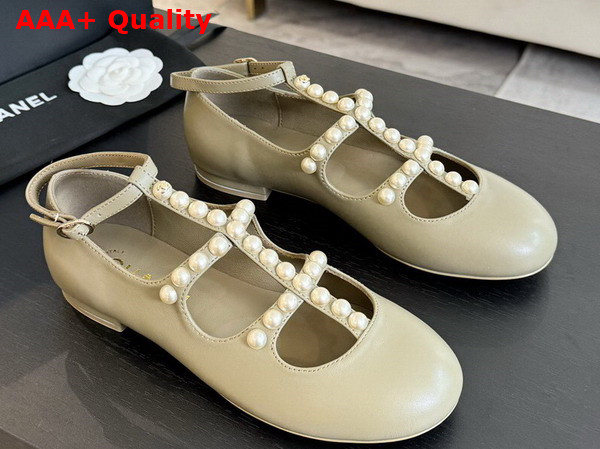 Chanel Mary Janes Goatskin Imitation Pearls Light Khaki G45752 Replica