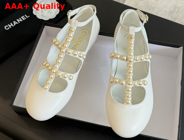 Chanel Mary Janes Goatskin Imitation Pearls White G45752 Replica