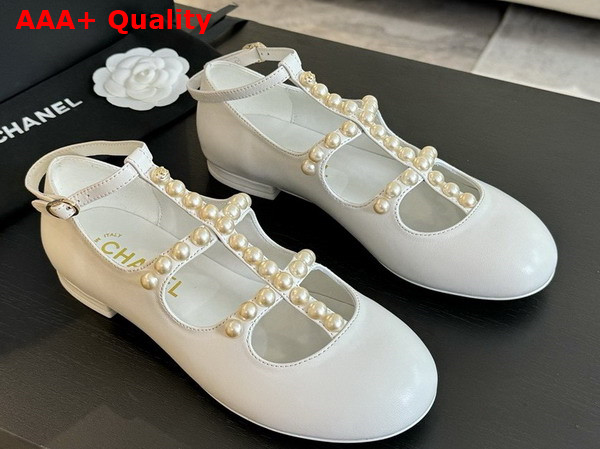 Chanel Mary Janes Goatskin Imitation Pearls White G45752 Replica