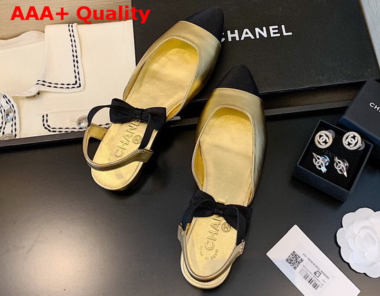 Chanel Mary Janes Laminated Lambskin and Grosgrain Gold and Black G36361 Replica