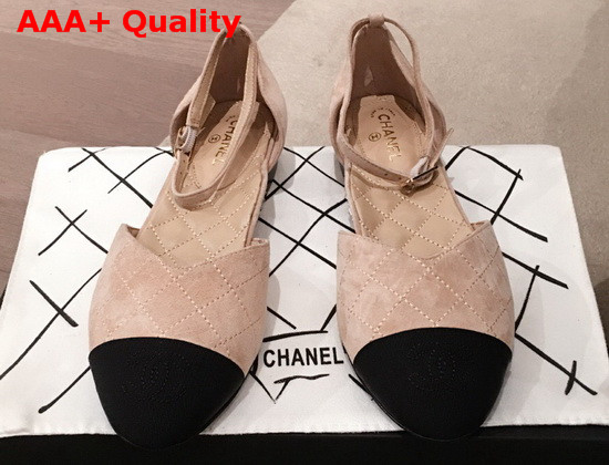 Chanel Mary Janes Suede Calfskin and Grosgrain Beige and Black G36048 Replica