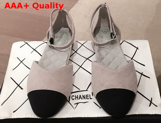 Chanel Mary Janes Suede Calfskin and Grosgrain Light Gray and Black G36048 Replica