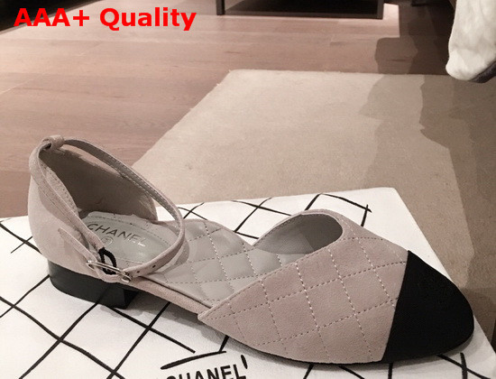 Chanel Mary Janes Suede Calfskin and Grosgrain Light Gray and Black G36048 Replica