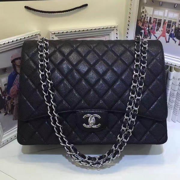 Chanel Maxi Caviar Flap Bag Black Silver Hardware For Sale