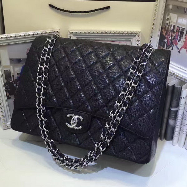 Chanel Maxi Caviar Flap Bag Black Silver Hardware For Sale