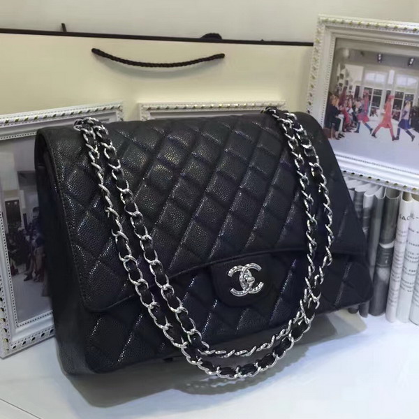 Chanel Maxi Caviar Flap Bag Black Silver Hardware For Sale