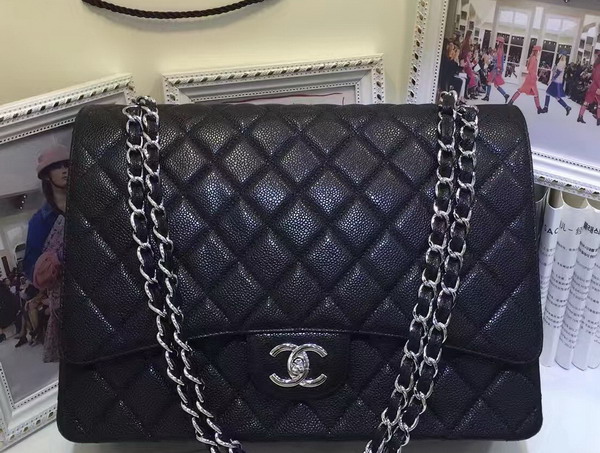 Chanel Maxi Caviar Flap Bag Black Silver Hardware For Sale