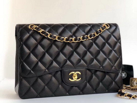 Chanel Maxi Flap Bag in Black Grained Calfskin Light Gold Tone Metal