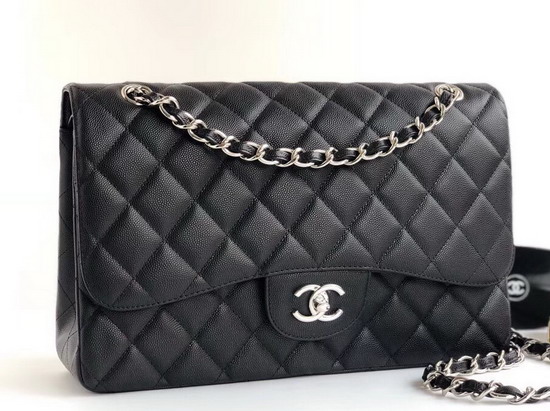 Chanel Maxi Flap Bag in Black Grained Calfskin Silver Tone Metal