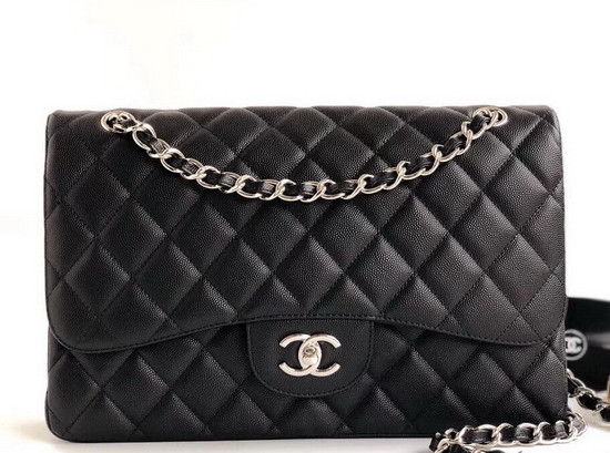 Chanel Maxi Flap Bag in Black Grained Calfskin Silver Tone Metal