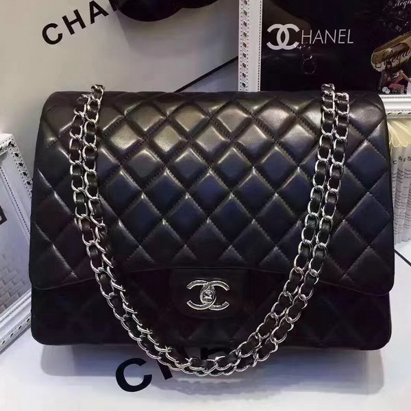 Chanel Maxi Flap Bag in Black Lambskin Silver Hardware For Sale