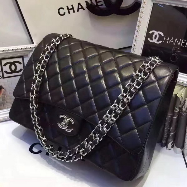 Chanel Maxi Flap Bag in Black Lambskin Silver Hardware For Sale