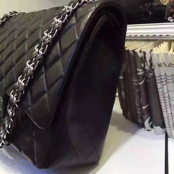 Chanel Maxi Flap Bag in Black Lambskin Silver Hardware For Sale