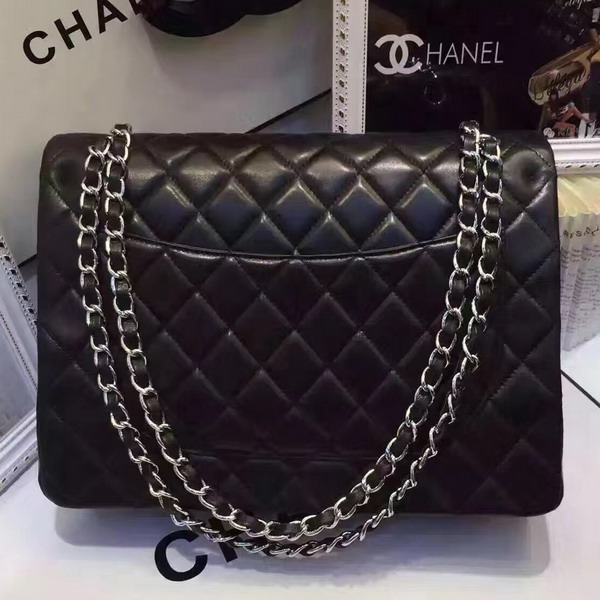 Chanel Maxi Flap Bag in Black Lambskin Silver Hardware For Sale