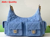 Chanel Maxi Hobo Bag in Blue Washed Denim Gold Tone Metal AS5302 Replica