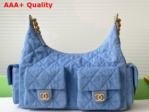 Chanel Maxi Hobo Bag in Blue Washed Denim Gold Tone Metal AS5302 Replica