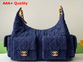 Chanel Maxi Hobo Bag in Dark Blue Washed Denim Gold Tone Metal AS5302 Replica