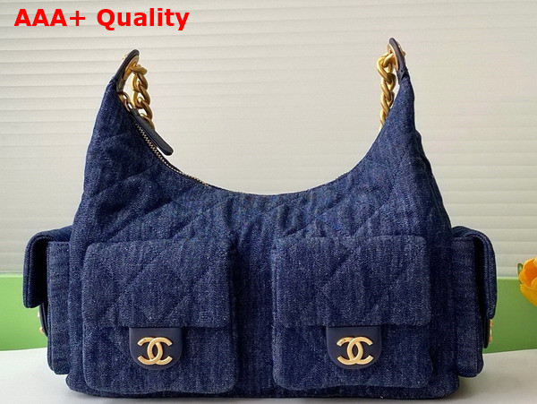 Chanel Maxi Hobo Bag in Dark Blue Washed Denim Gold Tone Metal AS5302 Replica