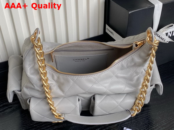 Chanel Maxi Hobo Bag in Gray Shiny Lambskin Gold Tone Metal AS5302 Replica