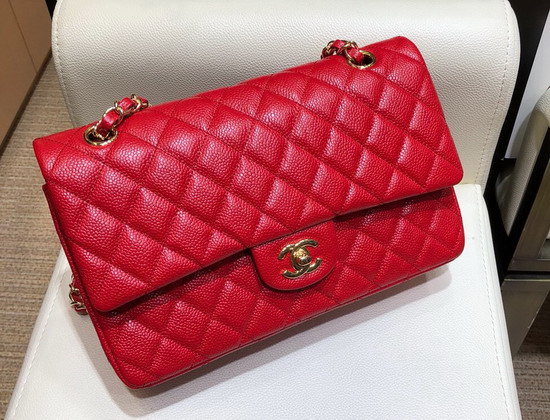 Chanel Medium Caviar Flap Bag in Red with Gold Hardware