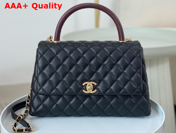 Chanel Medium Coco Handle Bag in Black Grained Calfskin with Burgundy Lizard Top Handle Replica