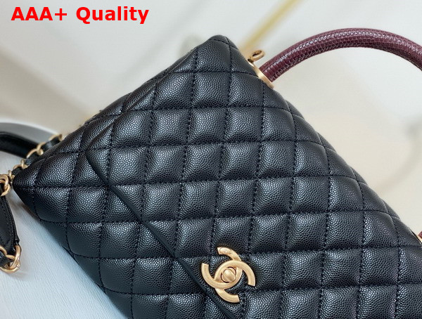 Chanel Medium Coco Handle Bag in Black Grained Calfskin with Burgundy Lizard Top Handle Replica