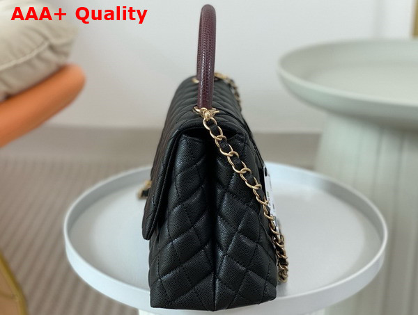 Chanel Medium Coco Handle Bag in Black Grained Calfskin with Burgundy Lizard Top Handle Replica